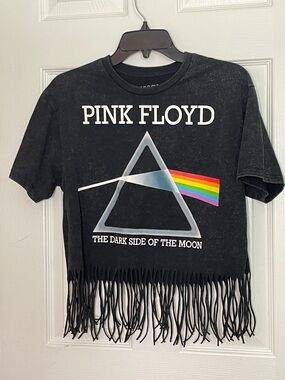 Pink Floyd Black Fringe Crop Top with Prism Rainbow Graphic. Size XS